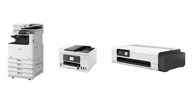 「EPEAT Climate+ designation」を取得したプリンティング製品（左からimageRUNNER ADVANCE DX C5860i、MAXIFY GX4020、imagePROGRAF TC-20）