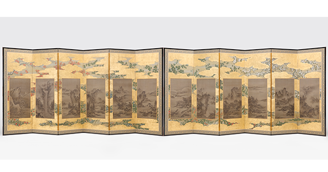 四季花木草花下絵山水図押絵貼屏風
