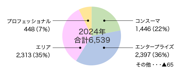 コンスーマ 1,446（22％）、エンタープライズ 2,397（36％）、エリア 2,313（35％）、プロフェッショナル 448（7％）、その他・・・▲65 2024年 合計6,539