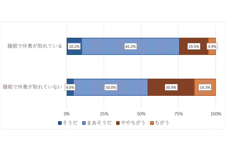 睡眠での休養×仕事に誇りを感じるグラフ,睡眠で休養が取れている、そうだ10.2%、まあそうだ65.3%、ややちがう19.5%、ちがう4.9%、睡眠で休養が取れていない、そうだ4.6%、まあそうだ50.0%、ややちがう30.9%、ちがう14.3%