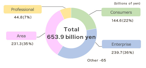 Consumers:144.6(22%),Enterprise:239.7(36%),Area:231.3(35%),Professional:44.8(7%) Total 653.9 billion yen Other:-65